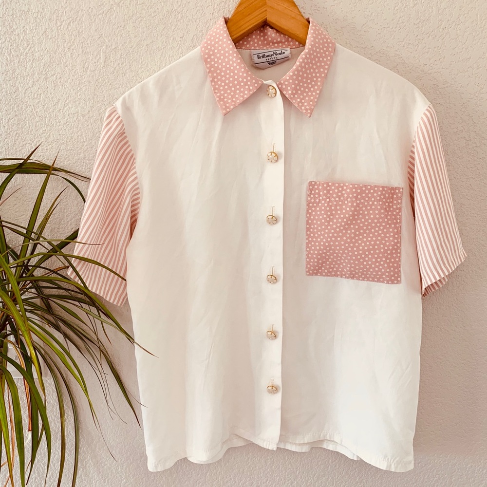 Vintage Mixed Pattern Short Sleeve Blouse